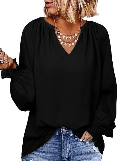 Zeagoo Blouses for Women Dressy Casual Loose Fit Fashion Tops Smocked Flowy V Neck Long Sleeve Shirt Black