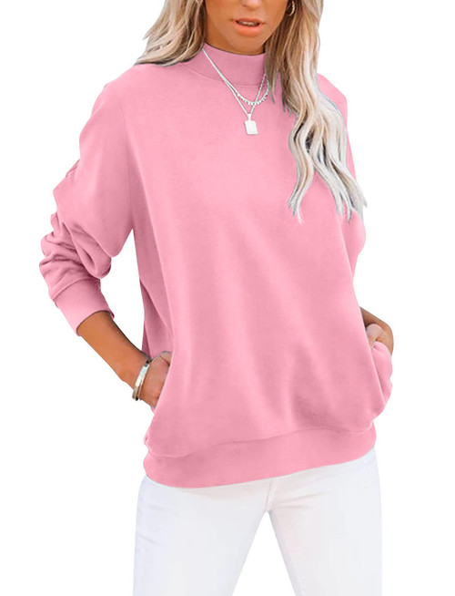 TICTICMIMI Women's Casual Long Sleeves Sweatshirt Mock Turtleneck Tops Fall Lightweight Pullover with Pockets Bright Pink