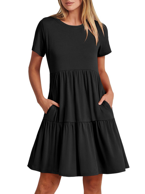 ANRABESS Womens Summer Casual Black Dress Loose Tiered Short Sleeve T-Shirt Ruffle Mini Dresses 2024 Spring Fashion Flowy Beach Vacation Swing Loose Short Dress with Pockets A1373-heise-S