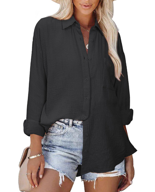 siliteelon Womens Button Down Shirts Cotton Long Sleeve Blouse Oversized Boyfriend Collared Blouses Tops with Pocket Black