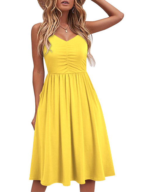 YATHON 2024 Casual Dresses for Women Sleeveless Cotton Summer Beach Dress A Line Spaghetti Strap Sundresses with Pockets (YT090-Yellow, l)