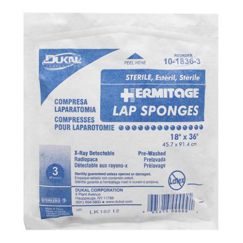 Dukal DUK 10-1836-3 Cotton Laparotomy Sponge, Sterile, X-Ray Detectable, Prewashed, Softpack, 18" x 36" (Pack of 60)