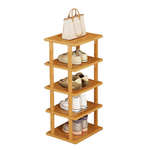 Haibinsuo Vertical Shoe Rack, Wood Narrow Shoe Rack, Small Shoe Organizer, Space Saving Corner Shoe Shelf, Tall Shoe Tower, Free Standing Shoe Rack for Entryway, Closet, No-Tool Need 5 Tiers