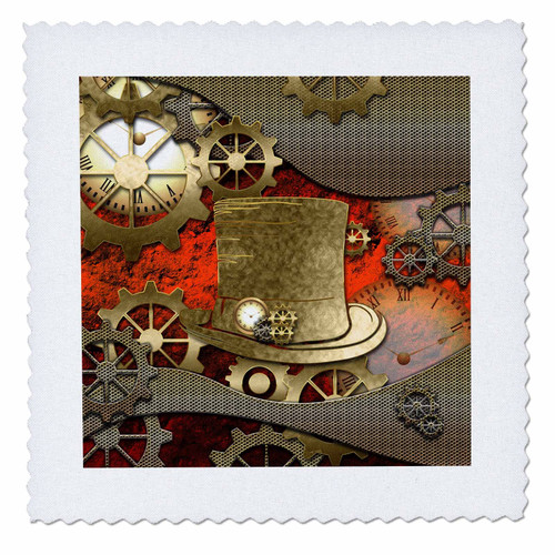 3D Rose Awesome Steampunk in Golden Design with Clocks Gears Hat Square Quilt, 25 x 25