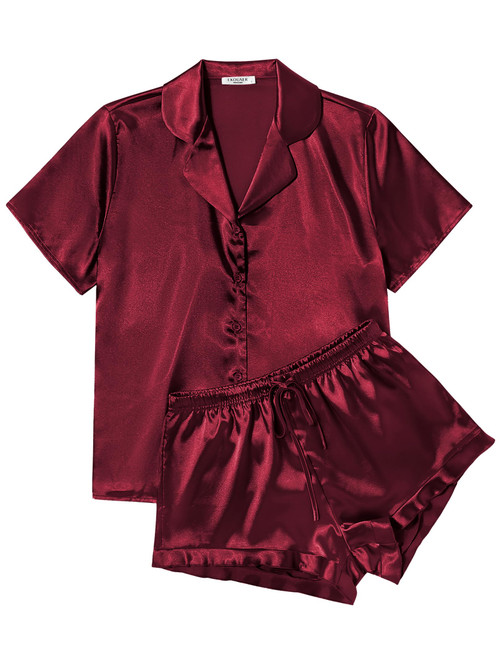 Ekouaer Short Sleeve Pjs Button Down Sleepwear Two Piece Pajama Set Women's Satin Loungewear Pjs Short Set, Wind Red S