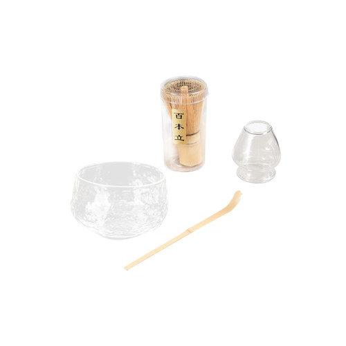 Leefasy Matcha Whisk Set Matcha Tea Ceremony Set, Matcha Whisk (Chasen), Traditional Scoop (Chashaku), Scoop Holder and Glass Matcha Bowls, Clear