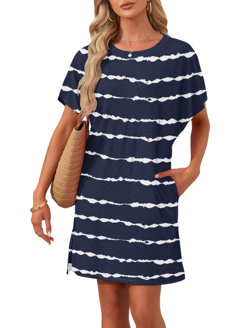 MOLERANI Tshirt Dress for Women Summer Casual Beach Swing Loose Vacation Dresses with Pockets,Navy Wavy Striped,L