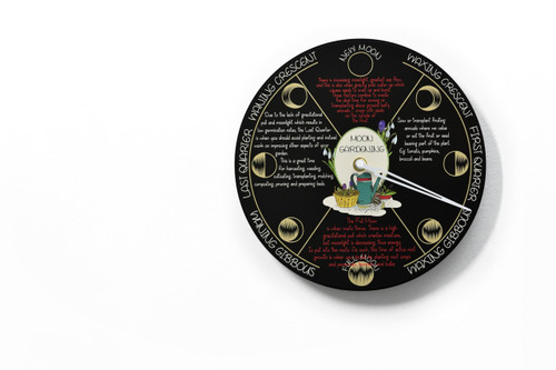 Moon Phase Wall Clock - Lunar Cycle - Round Black - Planting by the Moon - Perpetual Moon Gardening - Gardener Gift - Optional RGB LED 5V