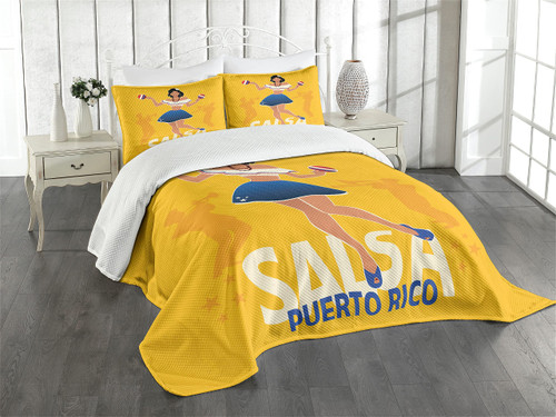 Lunarable Puerto Rico Bedspread, Salsa Dancing Girl with Maracas Trombonist and Trumpeter Silhouette on Backdrop, Decorative Quilted 3 Piece Coverlet Set with 2 Pillow Shams, King Size, Marigold