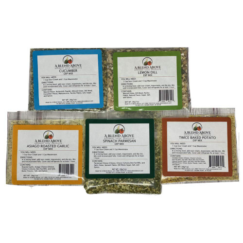 A Spice Above A Blend Above Best Sellers Dip Mix - Cucumber, Lemon Dill, Asiago Roasted Garlic, Spinach Parmesan, and Twice Baked Potato A Spice Above A Blend Above Best Sellers Dip Mix - Cucumber, Lemon Dill, Asiago Roasted Garlic, Spinach Parmesan, and Twice Baked Potato