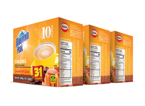 Jamaica Mountain Peak Caramel 3 in 1 Instant Coffee Mix, Contains Coffee, Creamer & Cane Sugar (30 Pack) 30 x 24g Sachets
