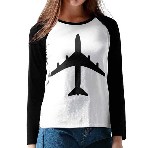 ELHAHA Passenger Jet Plane Like The 747 Or Airbus Women's Crew Neck Long Sleeve Raglan Baseball T Shirt Black