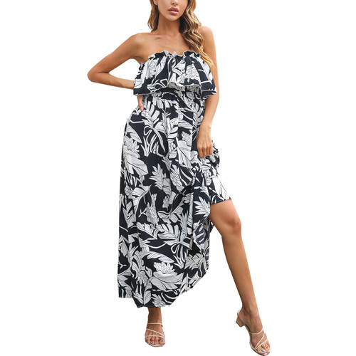 JMETRIE Women's Summer Off The Shoulder Maxi Dress Ruffle Strapless Blue White Porcelain Boho Casual Loose Long Dress