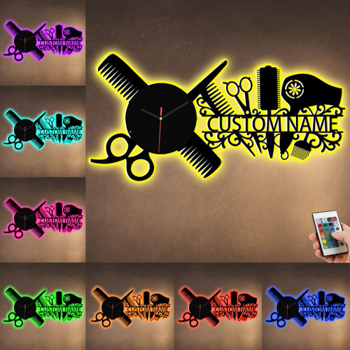 Gyzsuke Personalized Barber Shop Tools Wall Clock, Custom Salon Metal Sign LED Light, BaberShop Neon Light Sign, Hair Salon Wall Art Signs Decor, Hanging Hairdresser Wall Watch for Barber Salon