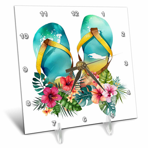 3dRose Cute Beach Flip Flops with Tropical Flowers Illustration - Desk Clocks (dc-381451-1)