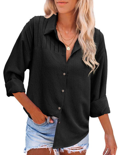 HOTOUCH Collared Shirts for Women Loose-Fit Long Sleeve Button Down Shirt Casual V Neck Pleated Textured Lightweight Blouse Black XL