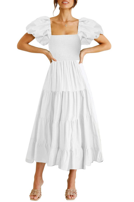 GOLDSTITCH Women's Smocked Maxi Dress Square Neck Ruffle Hem Puffy Short Sleeve Flowy Midi Dress White