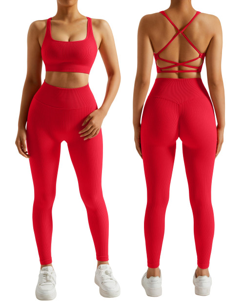 RXRXCOCO Ribbed Workout Sets for Women 2 Piece Backless Strappy Sports Bra Seamless Leggings Matching Set Yoga Outfits Red Medium