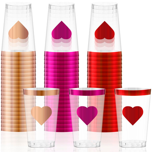 60 PCS 12 Oz Valentine's Day Disposable Cups Valentine's Day Plastic Cups Red Heart Clear Plastic Cups with Foil Red Rim Tumbler Cups for Wedding Anniversary Dinner Valentine's Day Party Supplies