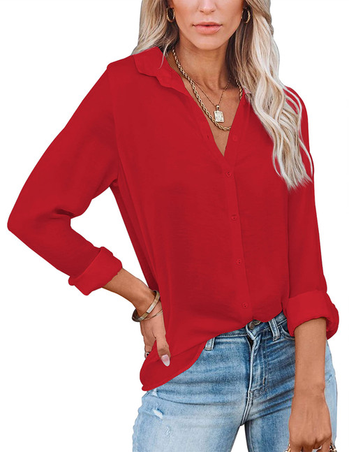 Diosun Womens Button Down V Neck Shirts Long/Short Sleeve Office Casual Business Plain Blouses Tops (Small, Red)
