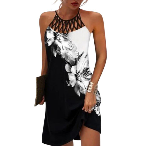 Fronage Summer Dresses for Women 2023 Casual Sleeveless Floral Hollow Out Halter Neck Mini Sun Dress for Beach Vacation (White-Floral,Medium