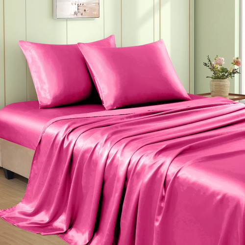 VACVELT 4pcs Hot Pink Satin Sheets Queen Size Bed Set, 15 Inch Deep Pocket Silky Satin Sheet Set, Soft Satin Bedding Set Cooling & Luxury Bed Sheets, 1 Fitted Sheet + 1 Flat Sheet + 2 Pillowcases