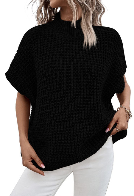 Viottiset Women's Oversized Batwing Sleeve Mock Neck Sweater Vest Sleeveless Pullover Knit Sweaters Black L