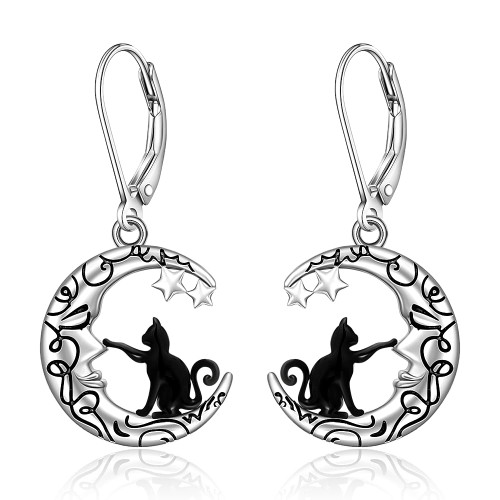 Black Cat Earrings for Women Cat Moon Earrings Sterling Silver Cute Crescent Moon Star Cats Drop Dangle Jewelry Mom Birthday Christmas Halloween Gifts Black Cat Earrings for Women Cat Moon Earrings Sterling Silver Cute Crescent Moon Star Cats Drop Dangle Jewelry Mom Birthday Christmas Halloween Gifts