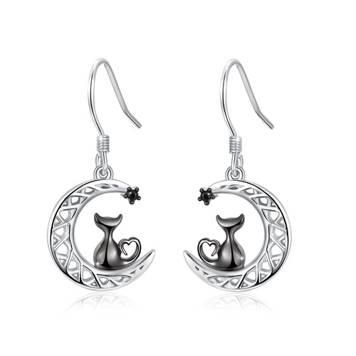 Cat Earrings for Women Girls, 925 Sterling Silver Black Kitty Crescent Moon and Star Dangle Drop Earrings Animals Half Moon Jewelry Gift for Cats Lovers Cat Earrings for Women Girls, 925 Sterling Silver Black Kitty Crescent Moon and Star Dangle Drop Earrings Animals Half Moon Jewelry Gift for Cats Lovers