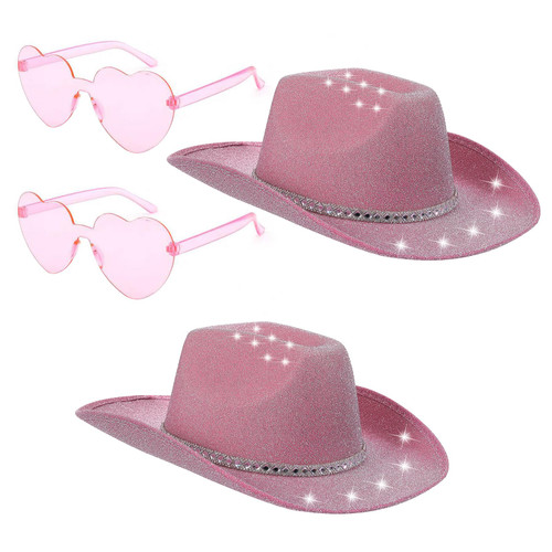 2 Sets Cowboy Hat with Heart Sunglasses Glitter Western Cowgirl Hat for Women Bachelorette Party Costume Hats Pink
