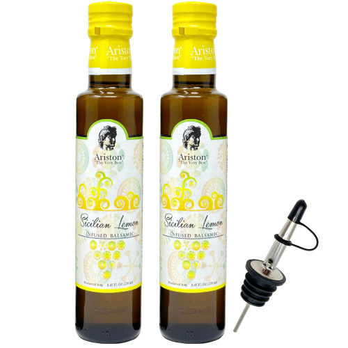Lemon Balsamic Vinegar Bundle - with (2) 8.45fl oz Ariston Sicilian Lemon balsamic vinegar and (1) Wyked Yummy Stainless Steel Pour Spout fir mess free pouring
