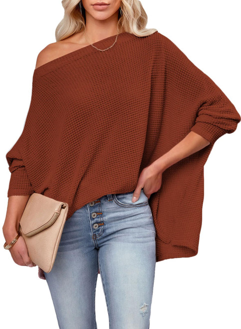 Dokotoo Casual Long Sleeve Waffle Knit Blouses for Women Boat Neck Off The Shoulder Loose Tee Shirts Tunic Plus Size Ladies Juniors Summer Tops Red XX-Large