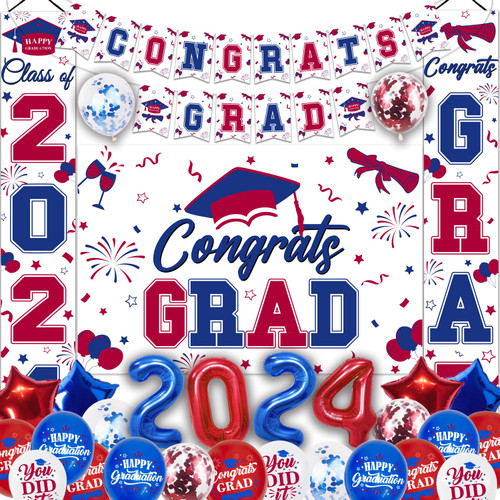 NUTTYBASH Graduation Decorations Class of 2024, Blue Red Graduation Party Decorations Set Includes Congrats Grad Backdrop Banner, 2024 Foil Balloons and Latex Balloons, Graduation Party Supplies NUTTYBASH Graduation Decorations Class of 2024, Blue Red Graduation Party Decorations Set Includes Congrats Grad Backdrop Banner, 2024 Foil Balloons and Latex Balloons, Graduation Party Supplies