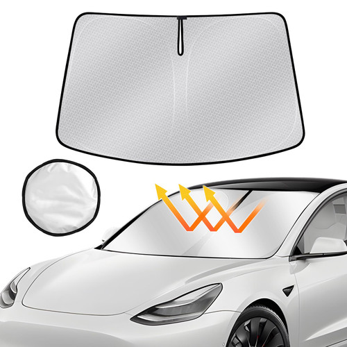 Automiim Windshield Sun Shade for 2017-2024 Tesla Model 3/2020-2024 Model Y Sunshade Front Window Shade Cover Sun Visor Protector Foldable Block UV Rays Keeps Vehicle Cool