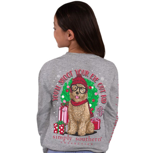 Simply Southern You'll Shoot Your Eye Out Kid Christmas Puppy Youth Long Sleeve Shirt (Youth Large) Heather Grey