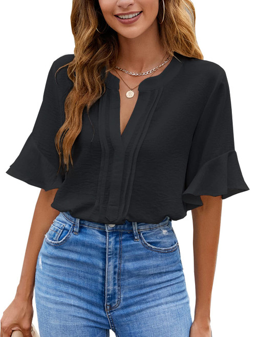 BMJL Womens White Blouses Chiffon Ruffle Short Sleeve V Neck Business Casual Tops 2023 Summer Cute Shirt Black