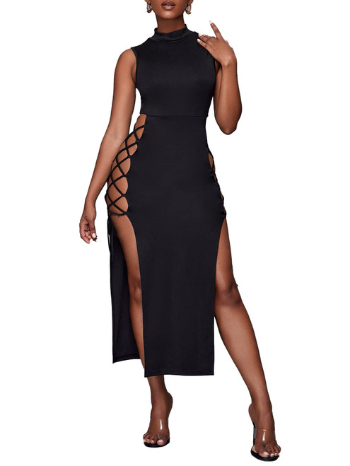 LYANER Women's Mock Neck Cut Out Side Lace Up Sleeveless Bodycon Maxi Tank Dress Black Medium