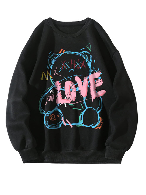 Floerns Women's Letter Graphic Print Long Sleeve Sweatshirt Pullover Tops Black L