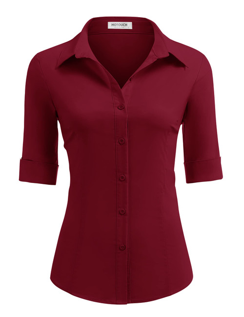 HOTOUCH Womens Cotton Button Down Fitted Button Up Server Uniform Shirt Wine Red, Medium, 3/4 Sleeve