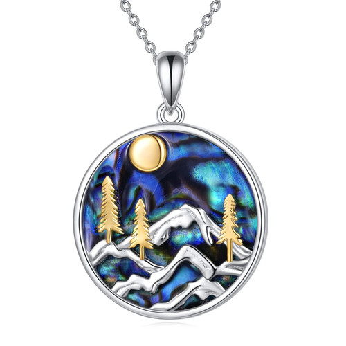 Mountain Necklace Gifts for Mom Women Sterling Silver Abalone Sun Mountain and Tree Pendant Necklace Nature Jewelry for Skiers, Hikers, Campers, Climbers,Nature Lovers