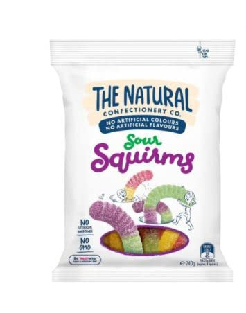 The Natural Confectionery Co. Jelly Sour Squirms 240g - Sour Squirms are soft, chewy snake shaped colored lollies with lemon, grape, raspberry and apple flavors.