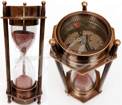 Nautical Brass Sand Timer Maritime Hourglass Compass White Sand Clock Antique Finish Desktop Accessory