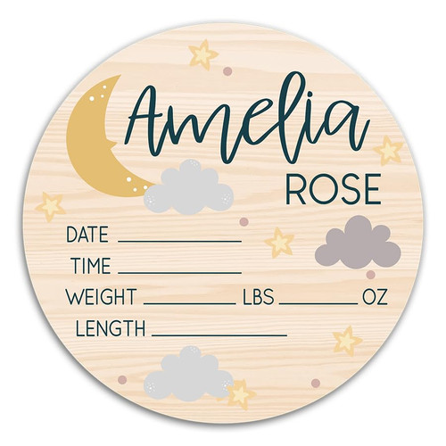 Personalized wooden birth announcement sign, Birth stat sign for newborn baby, Birth announcement sign for hospital, Moon and stars nursery nursery decor, Baby shower, Boho theme A4