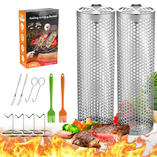 Grill Basket - Outdoor Rolling BBQ Basket - 2 Pcs Stainless Steel Grill Mesh, Rolling Grill Baskets for Outdoor Grill, Portable Grill Nets Cylinder - Camping Picnic Cookware for Meat Barbecue