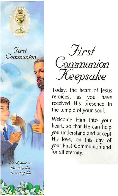 Boys First Communion Chalice Medal Laminated Holy Prayer Card Bookmark, 7 3/8 in