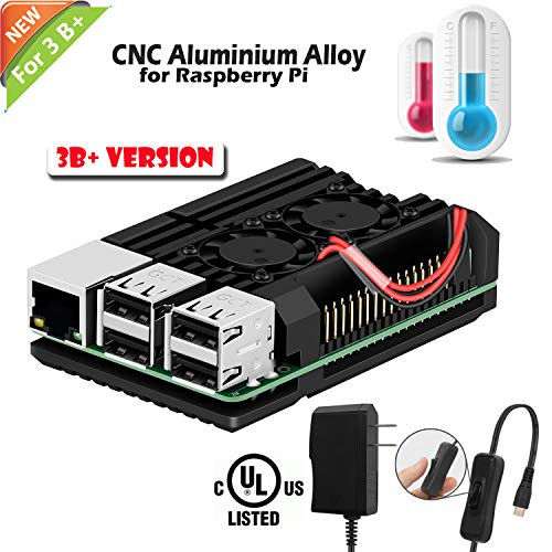 iUniker Raspberry Pi Armor Case, Raspberry Pi Metal Case with Dual Fan Aluminium Alloy, Raspberry Pi Fan, Heatsink for Raspberry Pi 3 Model B+ / Pi 3 B+ (with Power Supply)