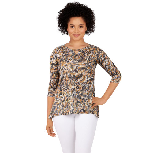 Ruby Rd. Womens Petite Marbled Sublimation Top Black Multi Size PL