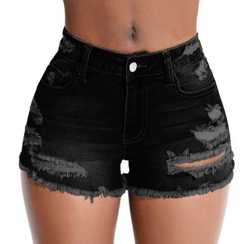 Tunlaud Women's Stretch Ripped Denim Shorts Mid Waist Casual Frayed Raw Hem Distressed Jean Shorts (L, Black)