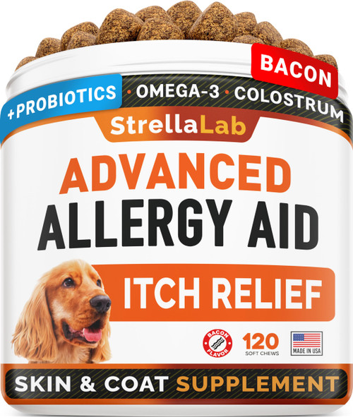STRELLALAB Advanced Allergy & Itch Relief Dog Chews with Fish Oil Omega 3 & Probiotics - Itchy Skin Relief - Immune Supplement - Skin&Coat Health - Anti-Itch&Hot Spots - Made in USA - Bacon Treats STRELLALAB Advanced Allergy & Itch Relief Dog Chews with Fish Oil Omega 3 & Probiotics - Itchy Skin Relief - Immune Supplement - Skin&Coat Health - Anti-Itch&Hot Spots - Made in USA - Bacon Treats