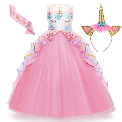 Chektin Unicorn Dress for Girls Unicorn Costume Pageant Princess Party Birthday Long Maxi Gown with Unicorn Headband & Satin Sash (Pink, 120 4-5 Years)